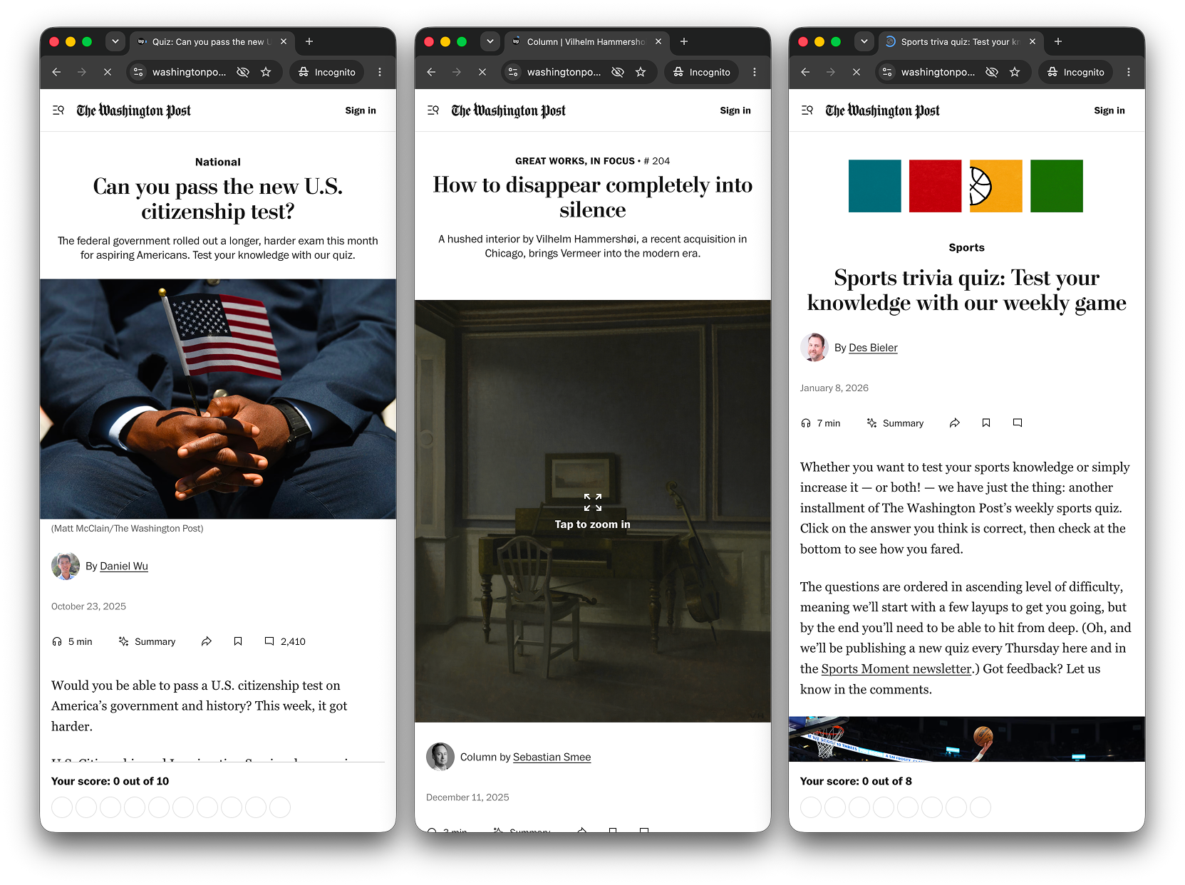 Three Washington Post stories, two built with the quiz format and one with the “Great Works in Focus” format.