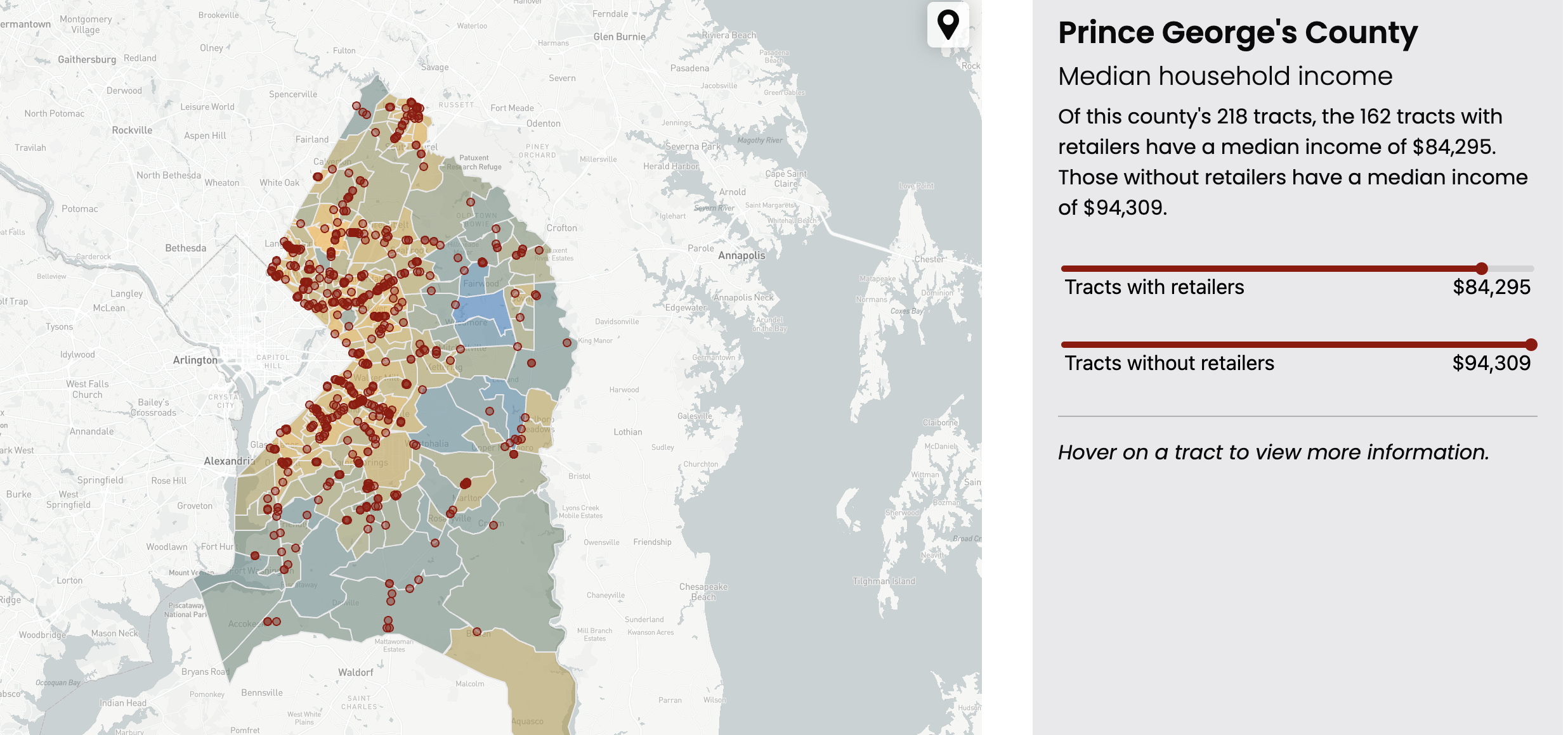 A screenshot of the app showing a map of lottery retailers in Prince George’s County, Maryland.