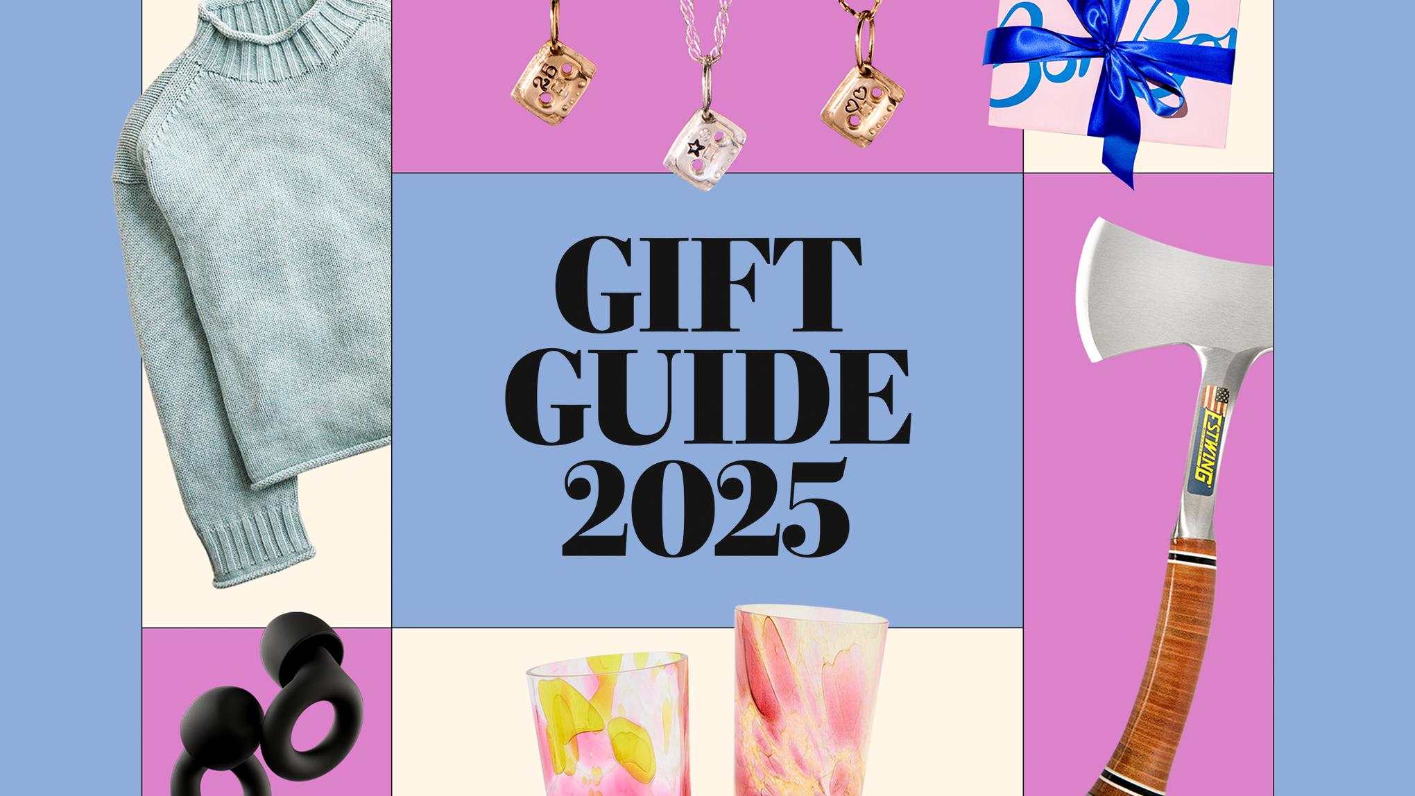 A collage of gifts with the text “Gift Guide 2025” in the center.