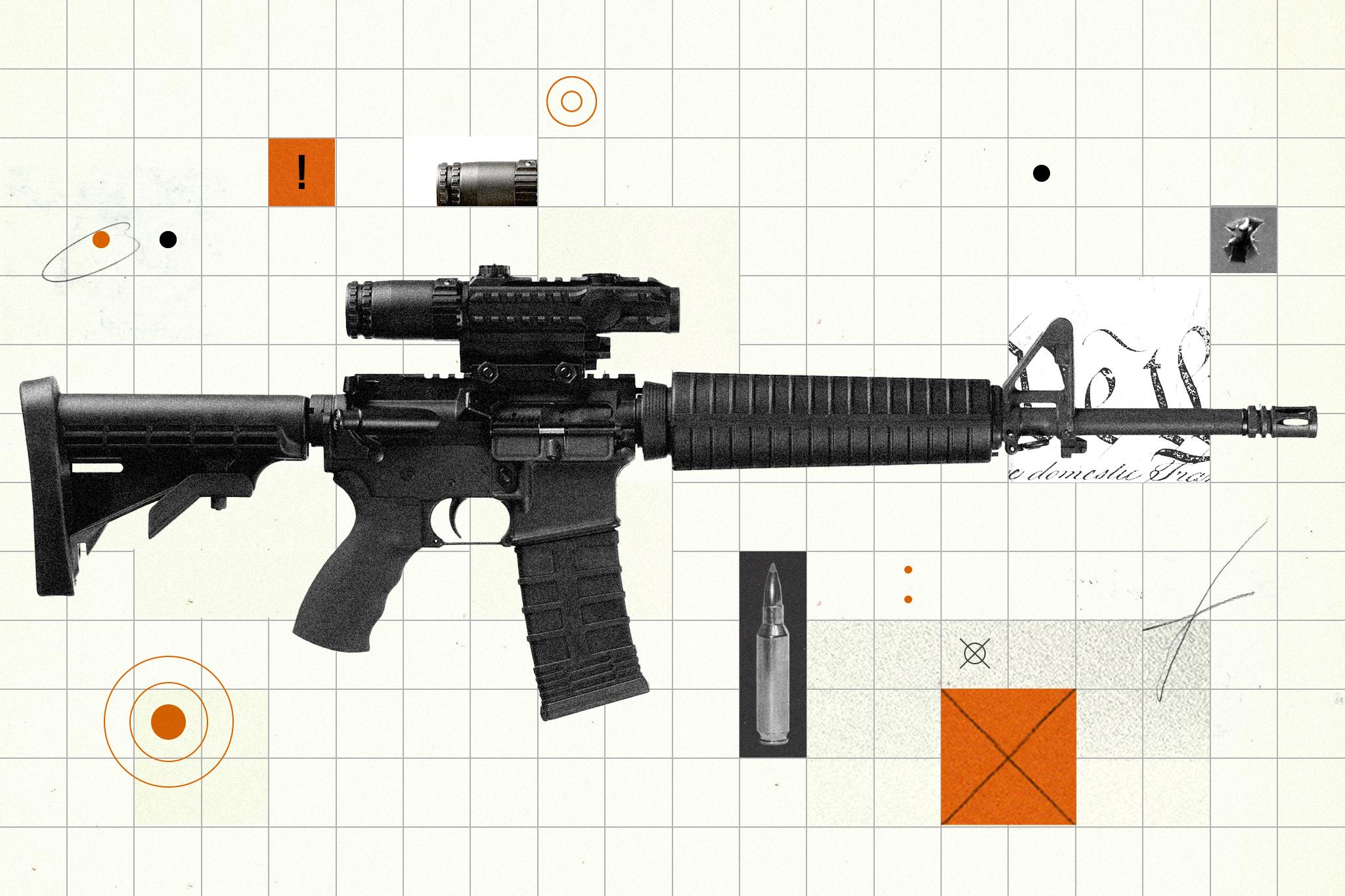 A photo illustration of an AR-15 rifle with a bullet and a fragment of the Constitution.