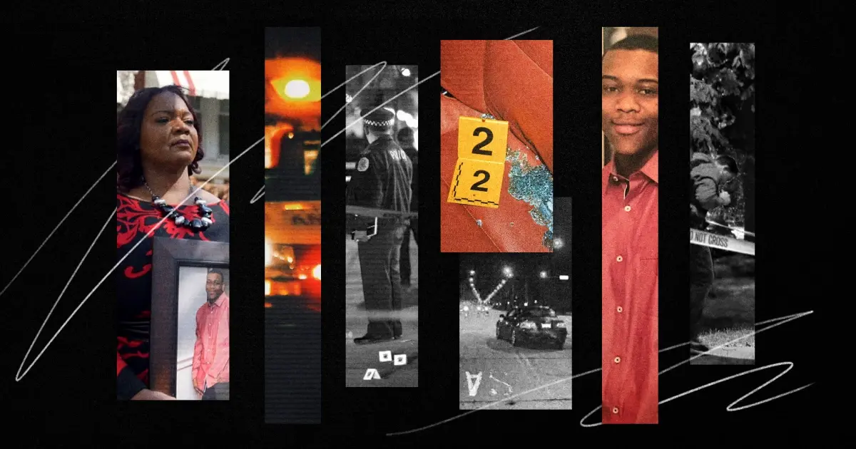 A photo illustration showing images of crime scenes, victims and police.